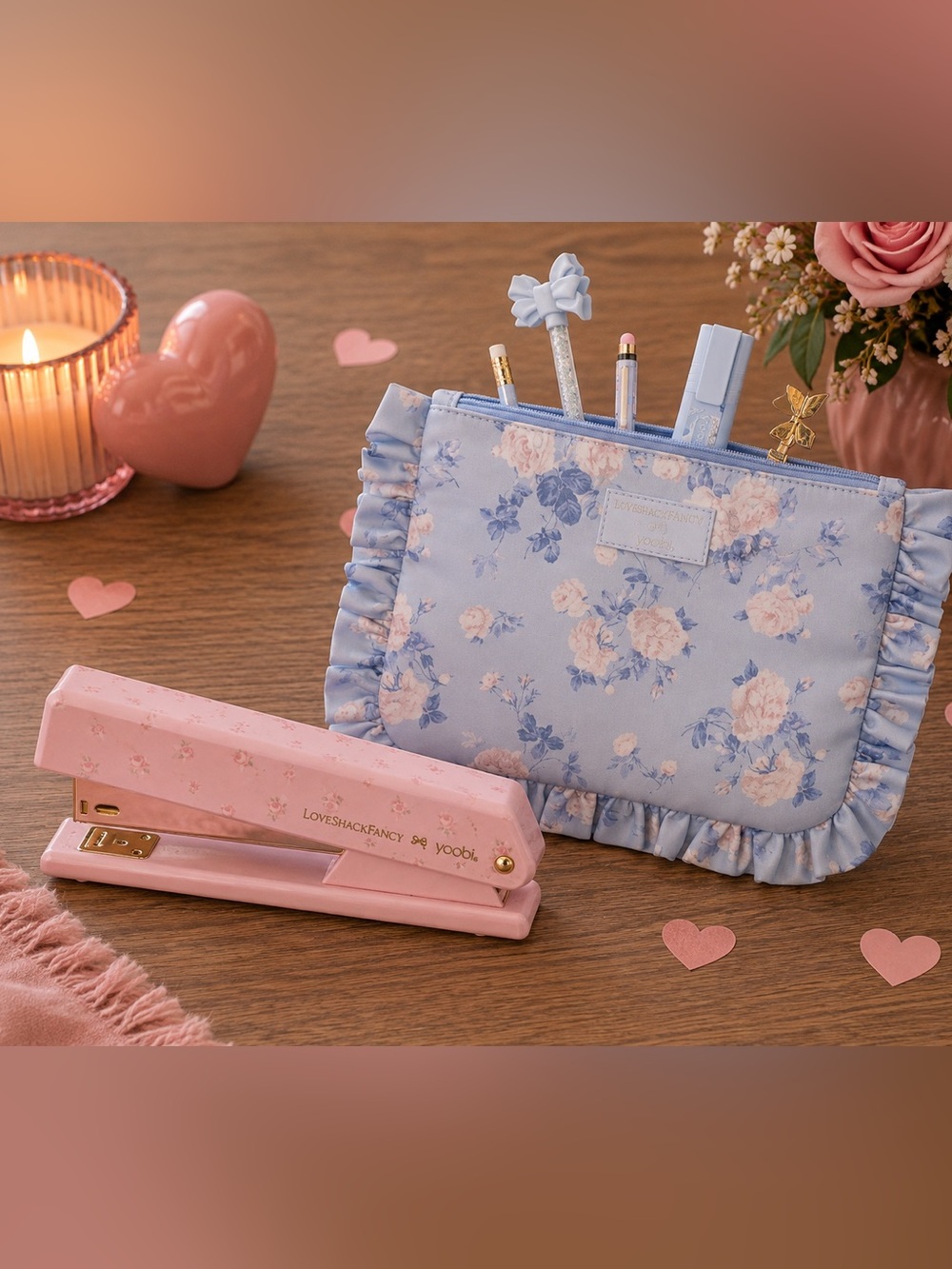 Blue Floral Ruffled Accessory Pouch & Pink Stapler Gift Set - Picture 2 of 11